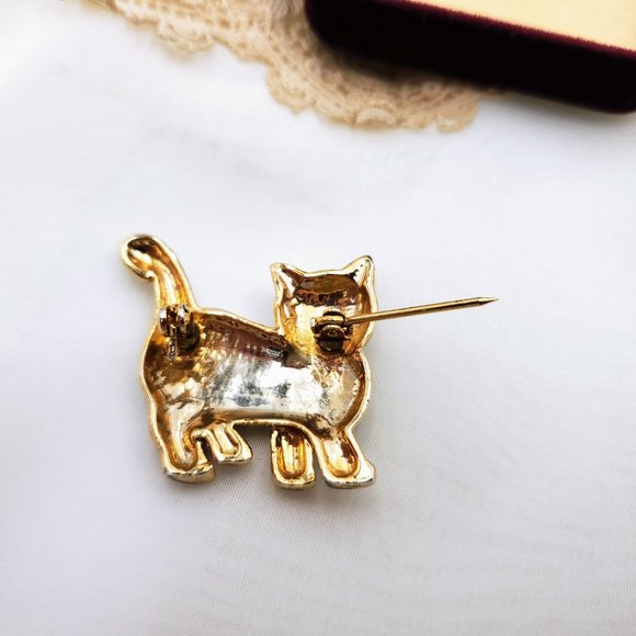 Cute Vintage Cat Pin, Gold Tone Sparkly Kitty Brooch - Picture 6 of 8